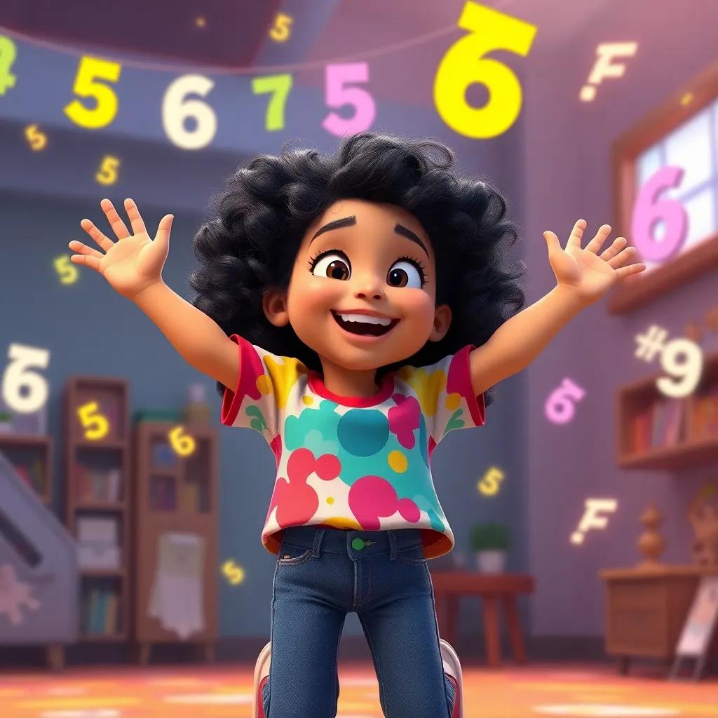 Hind, a young Arab girl with curly black hair in a colorful shirt and jeans, jumping with joy as she sees numbers with smiles and fun expressions on her paper, colorful, lively light, animated atmosphere, engaging view, high quality