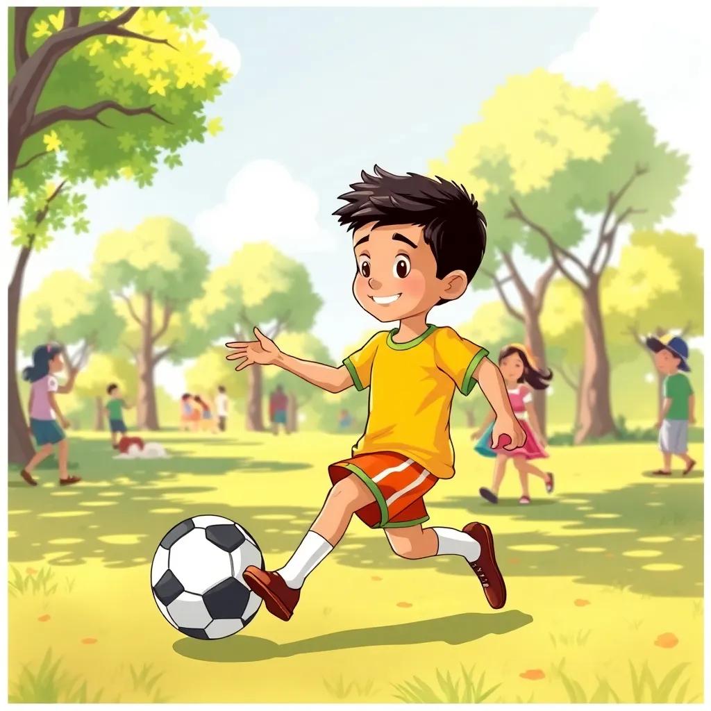 A young Arab boy, Zayan, with short dark hair, wearing a bright t-shirt and shorts, kicking a soccer ball in a sunny park with trees and friends around, joyful atmosphere, digital art, vibrant colors, playful scene, high quality
