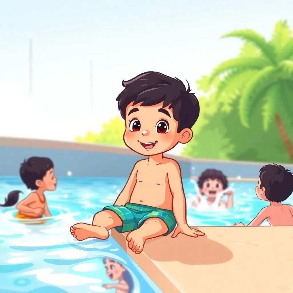 A young Arab boy, Zayan, with short dark hair, sitting on the edge of a pool in swim shorts, splashing water with friends, bright sunlight, cheerful mood, illustration, colorful, child-friendly, high quality