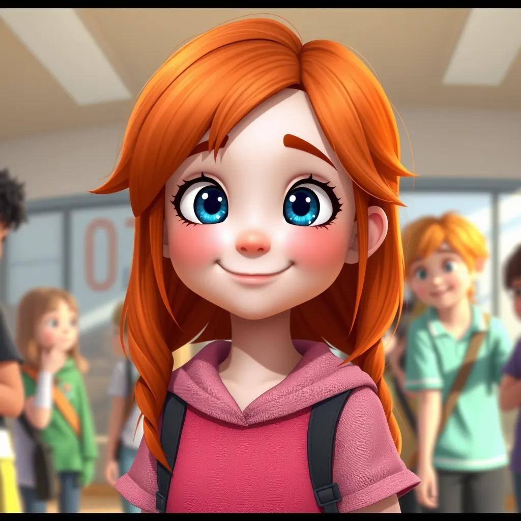 A young girl, Hayam, with very fair skin, orange hair, and blue eyes, standing in a school surrounded by friends, bright atmosphere, smiling, digital art, cheerful, friendly