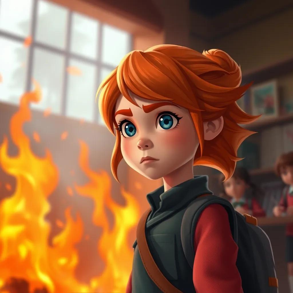 Hayam, a young girl with very fair skin, orange hair, and blue eyes, looking determined as she faces a fire in her school, flames in the background, brave expression, vibrant colors, illustration, heroic