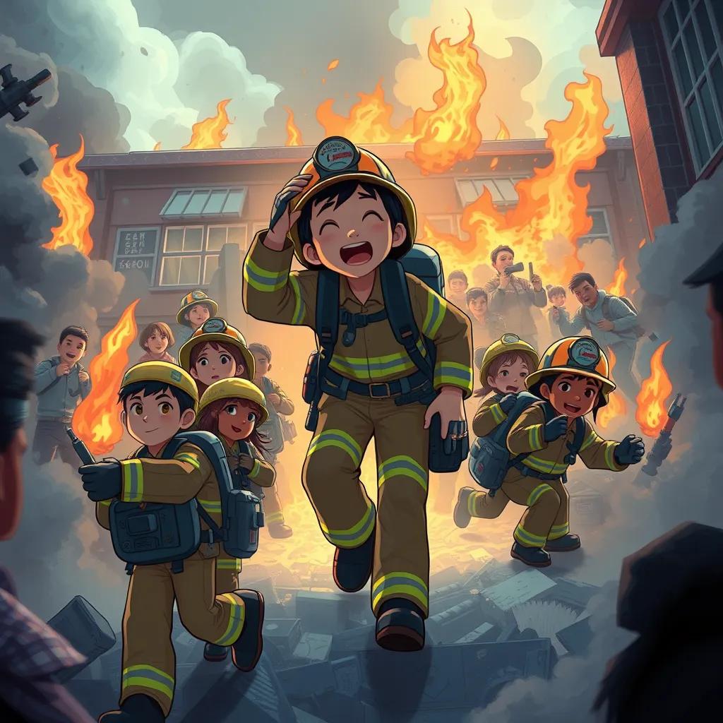 Firefighters rescuing students from the school, with Hayam leading the way, in a chaotic yet hopeful scene, smoke and flames, diverse characters, action-packed, children's book style