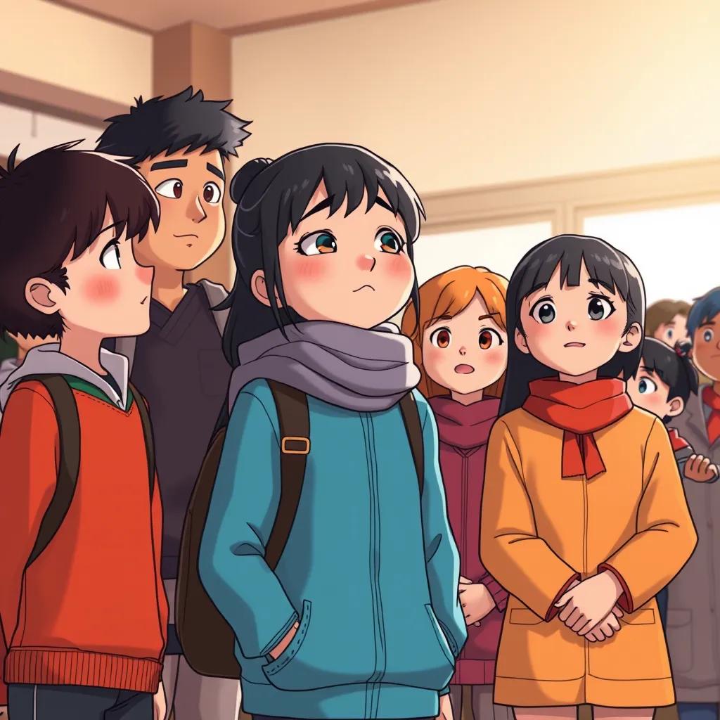Students and teachers looking in awe at Hayam after she bravely saved everyone, expressions of admiration and respect, warm colors, heartwarming moment, illustration