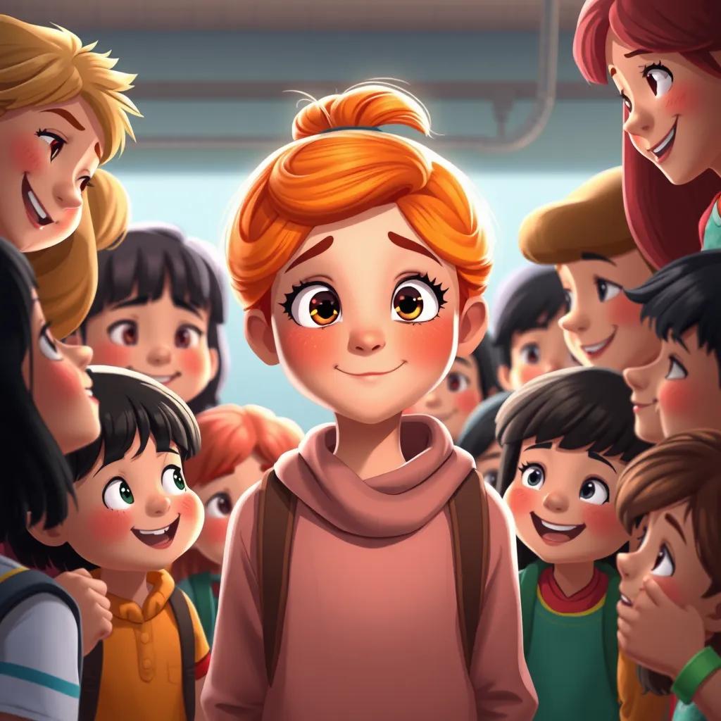 Hayam, a young girl with very fair skin and orange hair, surrounded by her classmates who are apologizing and smiling, a sense of friendship and acceptance, colorful, uplifting, important lesson illustrated