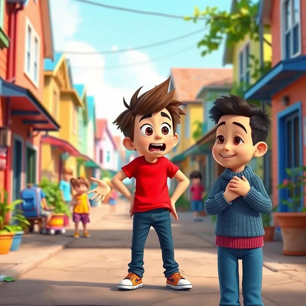 A lively street in a small neighborhood with children playing, featuring a boy named Heib with spiky hair, wearing a bright red T-shirt and jeans, arguing passionately with a gentle boy named Osama, who has short, neat hair and is wearing a blue sweater, colorful houses in the background, vivid colors, cheerful atmosphere