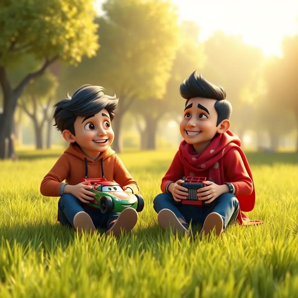 Heib and Osama are sitting on a grassy field, surrounded by trees, holding toy cars and laughing, Osama has a friendly smile while Heib looks determined, the sun shines brightly overhead, warm light, playful scenery