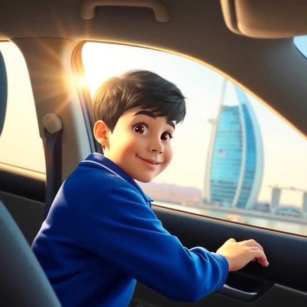 A young boy, Haytham, with short black hair and wearing a blue school uniform, looking out of a car window at the Burj Al Arab in Riyadh, bright sunlight, cheerful atmosphere, colorful, high quality