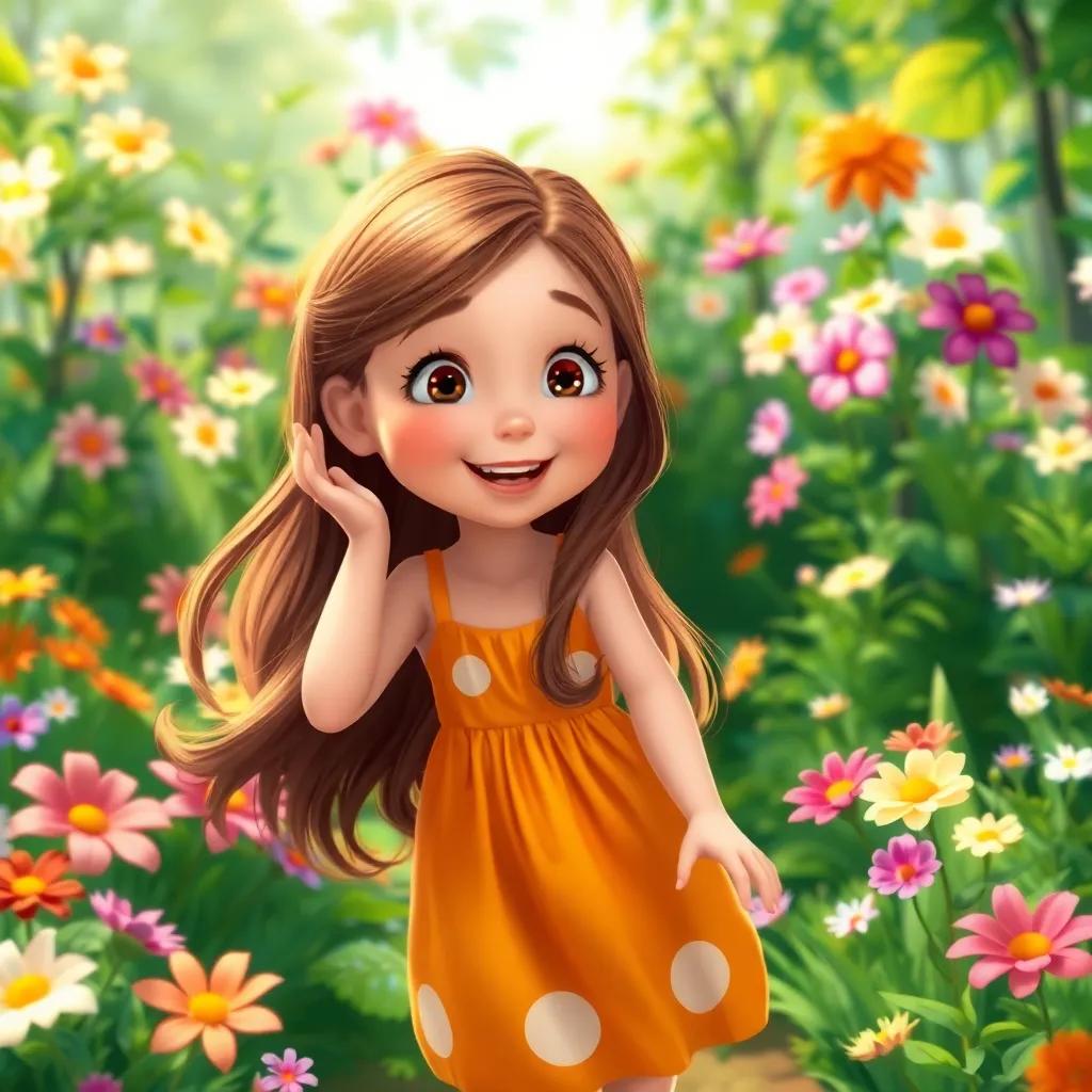 Heidi, a young girl with long brown hair wearing a bright summer dress, playing in a lush green garden filled with colorful flowers, cheerful atmosphere, digital art, vibrant colors, high quality, heartwarming scene