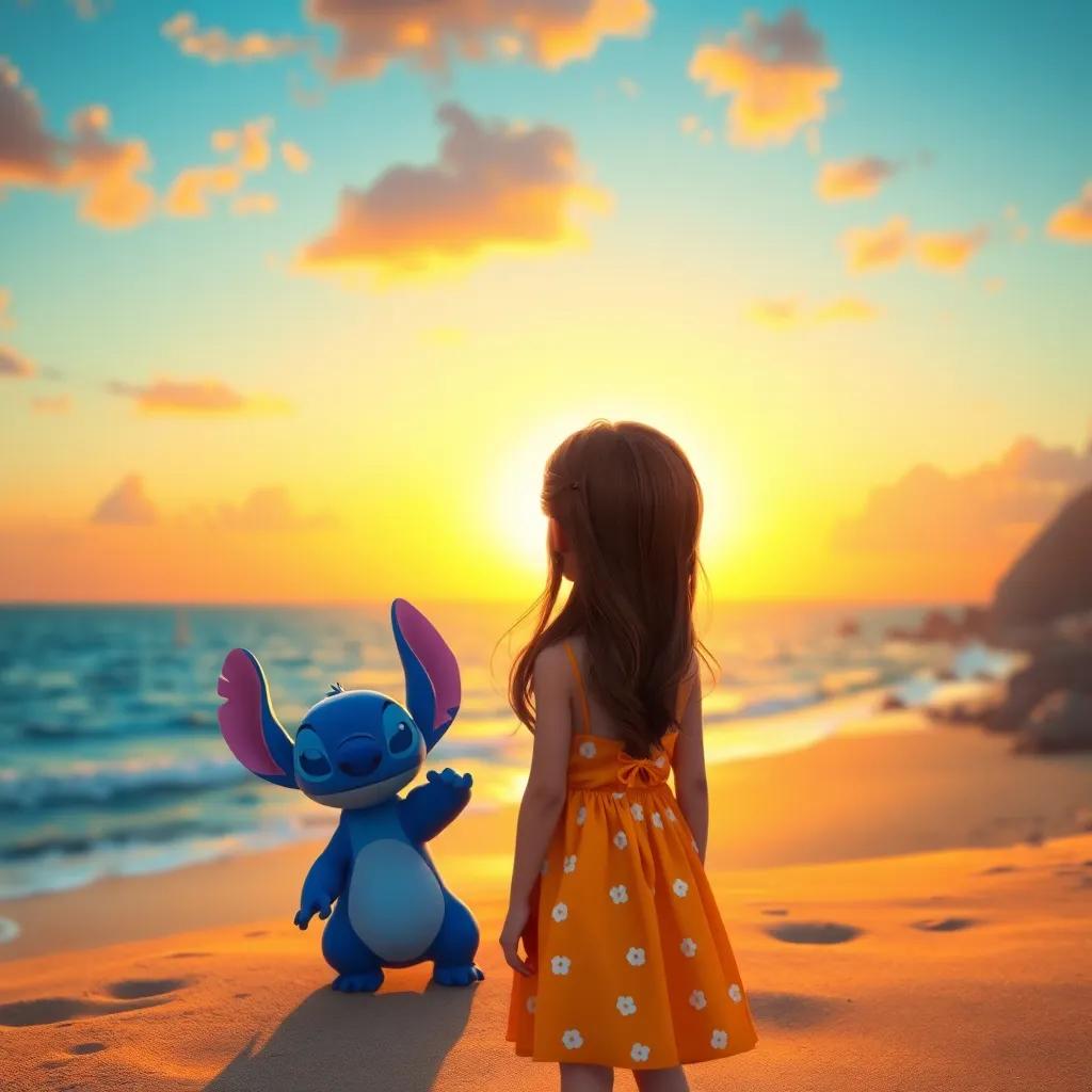 Heidi, a young girl with long brown hair wearing a bright summer dress, standing with Stitch, a cute blue and white creature with large ears, gazing at a beautiful sunset over the beach in Algeria, magical atmosphere, warm colors, scenic view, digital art, calming sunset