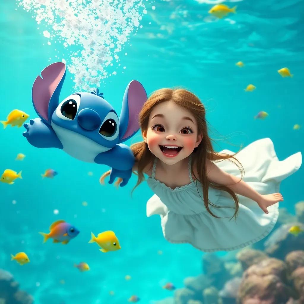 Heidi, a young girl with long brown hair in a summer dress, diving into the turquoise sea with Stitch, a blue and white creature, joyful expressions, surrounded by colorful fish and gentle waves, playful underwater scene, digital art, vibrant colors, lively and fun