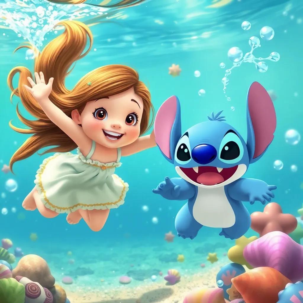 Heidi, a young girl with long brown hair in a summer dress, racing underwater with Stitch, a cute blue and white creature, gathering colorful seashells, bubbling water around them, cheerful underwater adventure, digital art, bright vibrant colors, animated feel