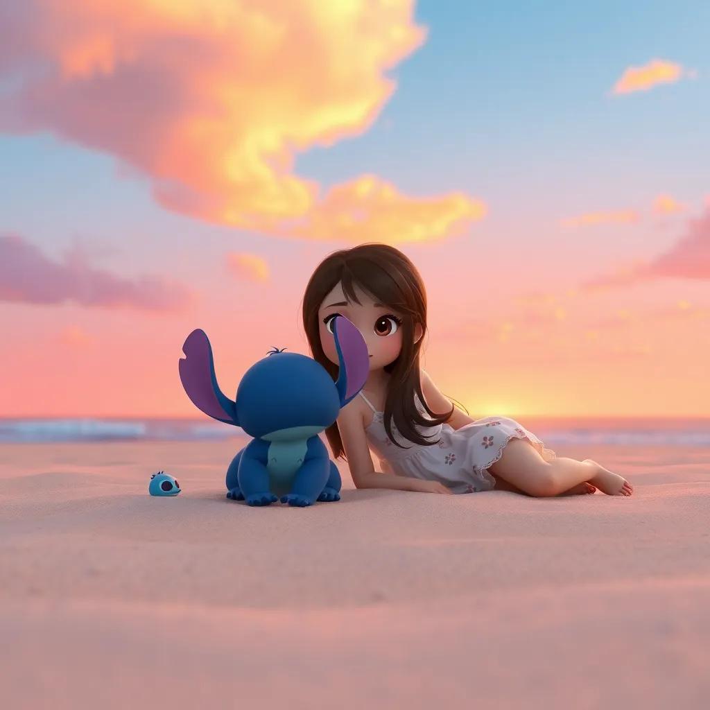 Heidi, a young girl with long brown hair in a summer dress and Stitch, a cute blue and white creature, laying on the sand after swimming, watching the stunning sunset with shades of pink and orange, peaceful beach scene, digital art, soft warm colors, serene quality