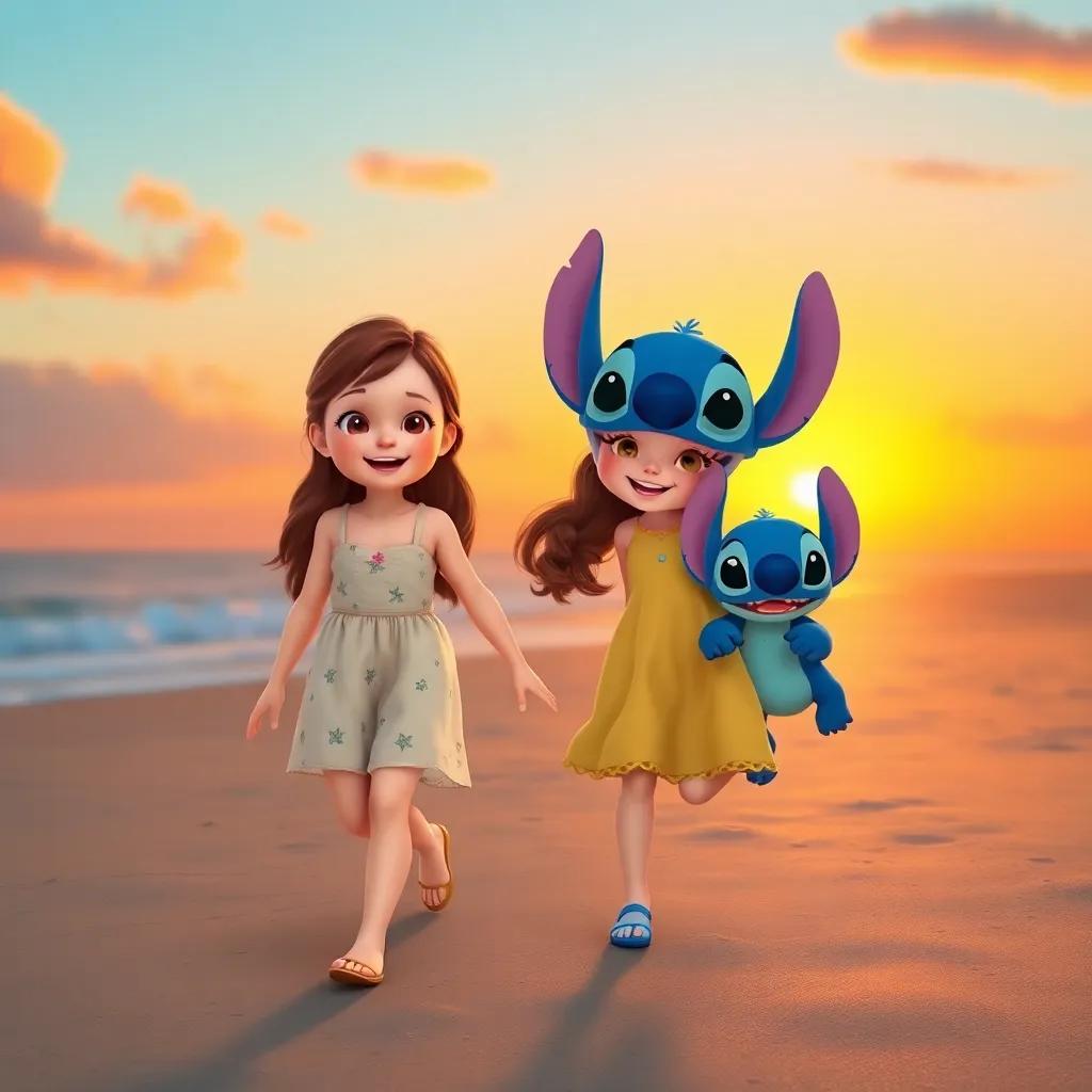 Heidi, a young girl with long brown hair in a summer dress, walking hand in hand with Stitch, a cute blue and white creature, leaving the beach after an exciting day, sunset in the background, joyful expressions, heartwarming scene, digital art with warm tones