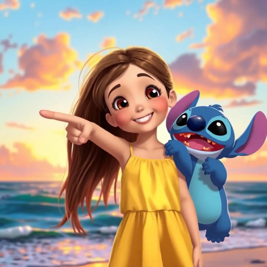 Heidi, a young girl with long brown hair in a summer dress, pointing to the sunset with Stitch, a cute blue and white creature, showing excitement and happiness, colorful sky and soothing waves in the background, colorful, joyful scene, digital art, cheerful quality