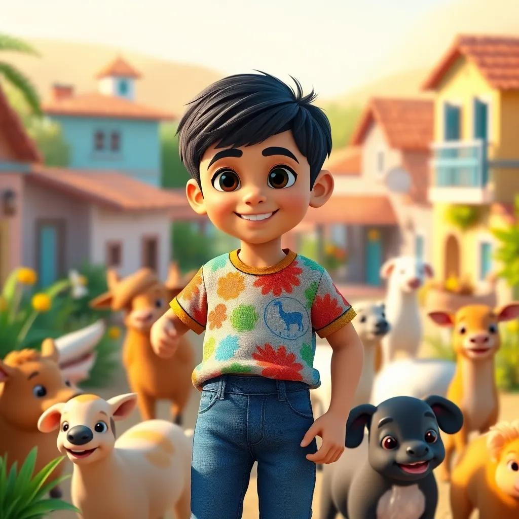 A young Arab boy, Amir, with short black hair, wearing a colorful t-shirt and jeans, helping animals in need, surrounded by a sunny village, digital art, cheerful, bright colors, uplifting atmosphere, high quality