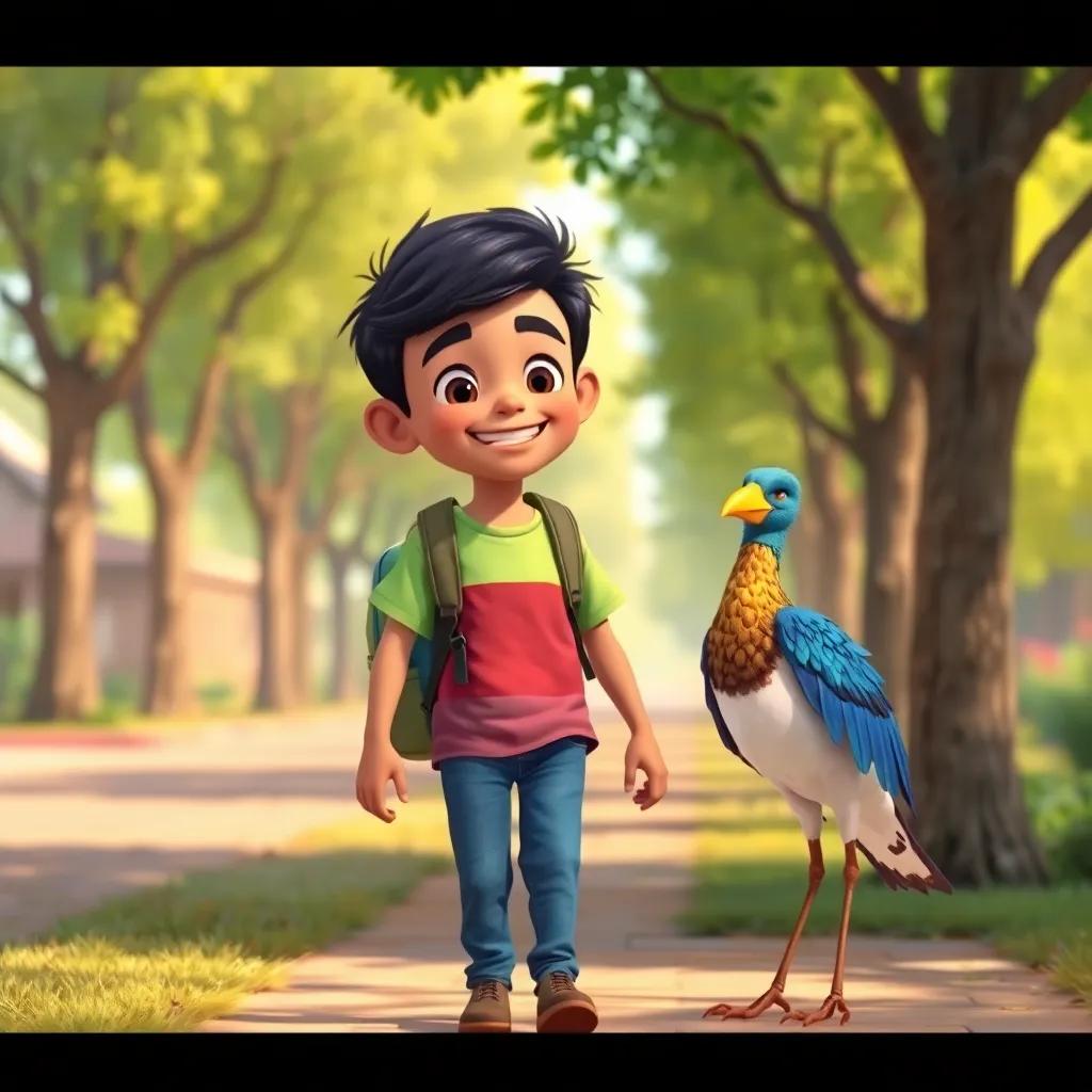 Amir, a young Arab boy, with short black hair, wearing a colorful t-shirt and jeans, walking to school with a friendly smile, guiding a sick bird, beautiful scenery with green trees, digital illustration, warm light, inviting and friendly, high quality