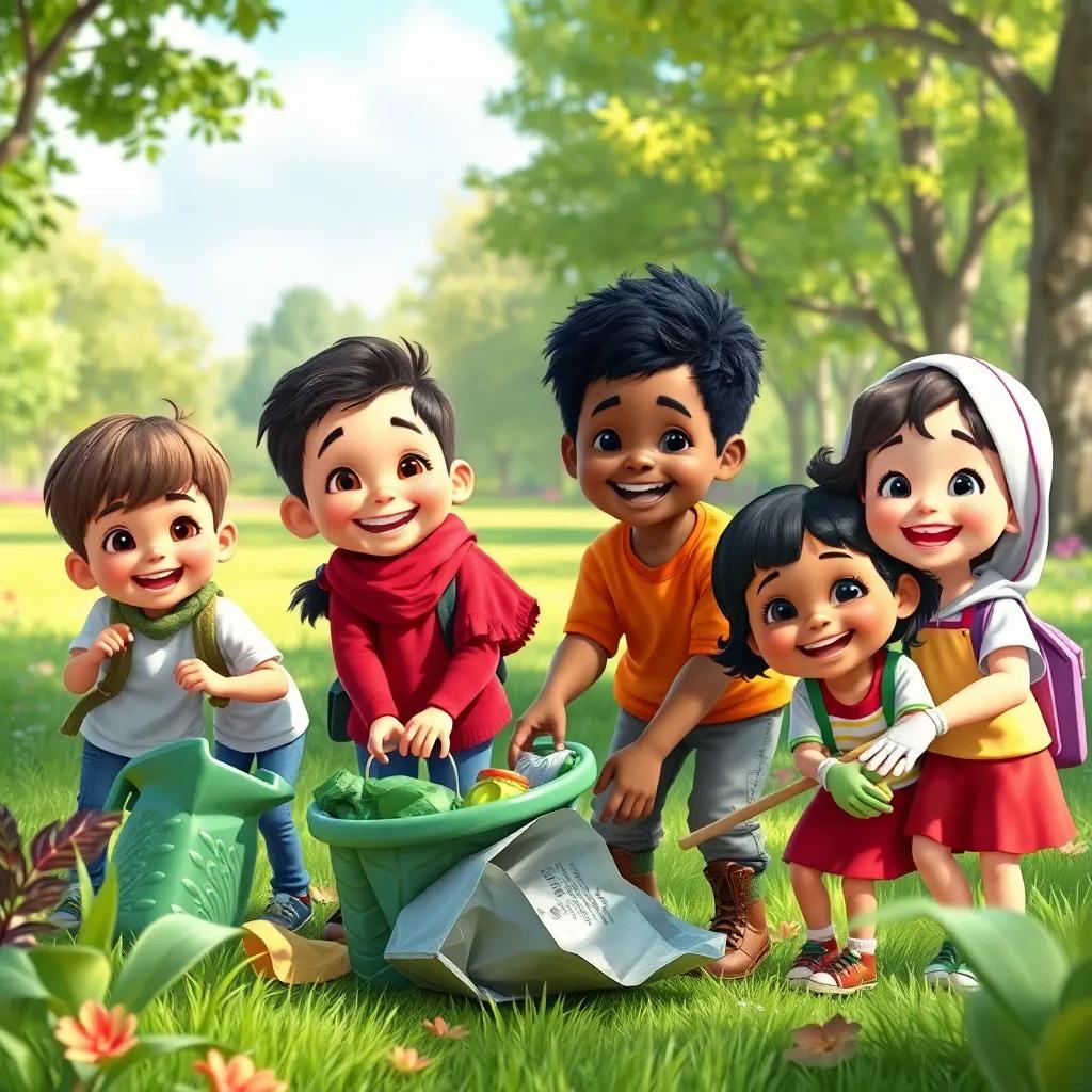 A group of joyful children, inspired by Amir, of various ethnicities, helping each other, picking up trash in a park surrounded by nature, smiling and having fun, colorful, cheerful, community spirit, high quality