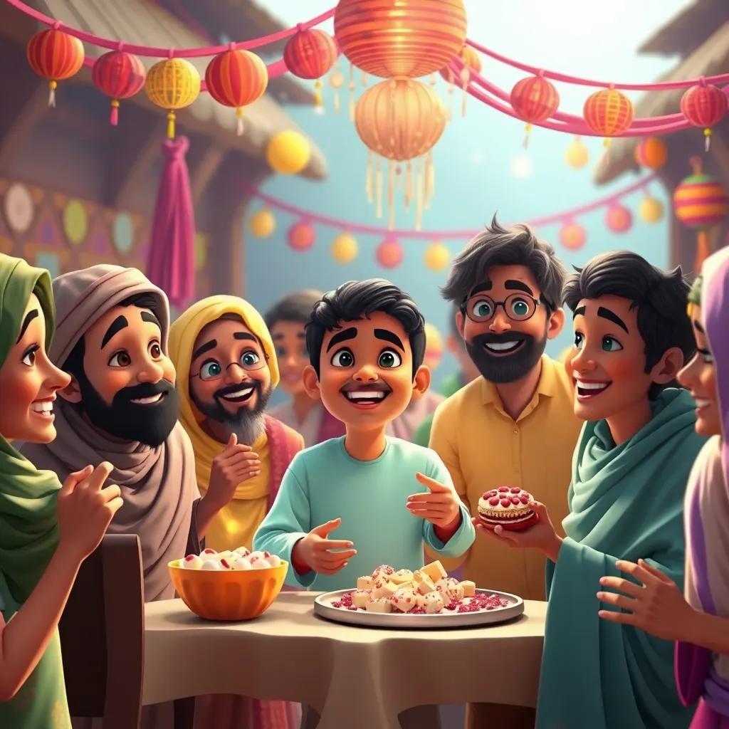Amir and his friends celebrating with the villagers, sharing sweets and games, in a cheerful gathering with decorations, happy faces and laughter, bright digital art, vibrant colors, festive atmosphere, high quality