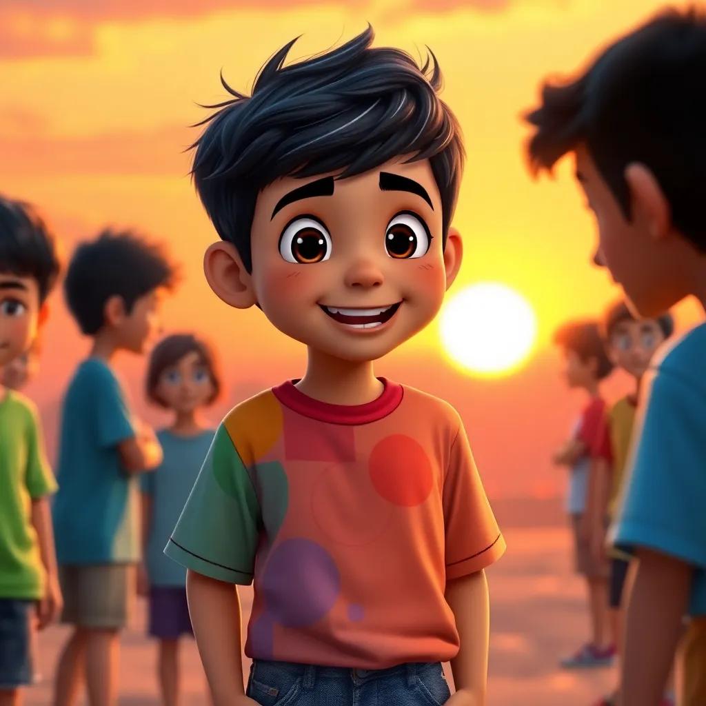 A young Arab boy, Amir, with short black hair, wearing a colorful t-shirt and jeans, proudly addressing his friends with an encouraging smile, warm sunset in the background, heartwarming scene, vibrant colors, high quality