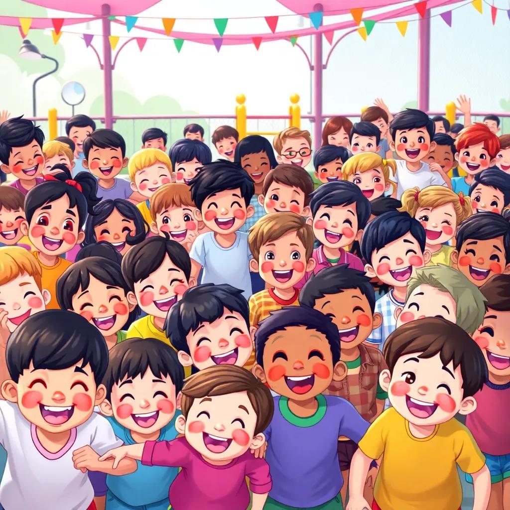 A big gathering of children of different ethnicities and backgrounds, happily playing together, in a colorful playground, smiles and laughter everywhere, illustration, colorful, joyful atmosphere, high quality
