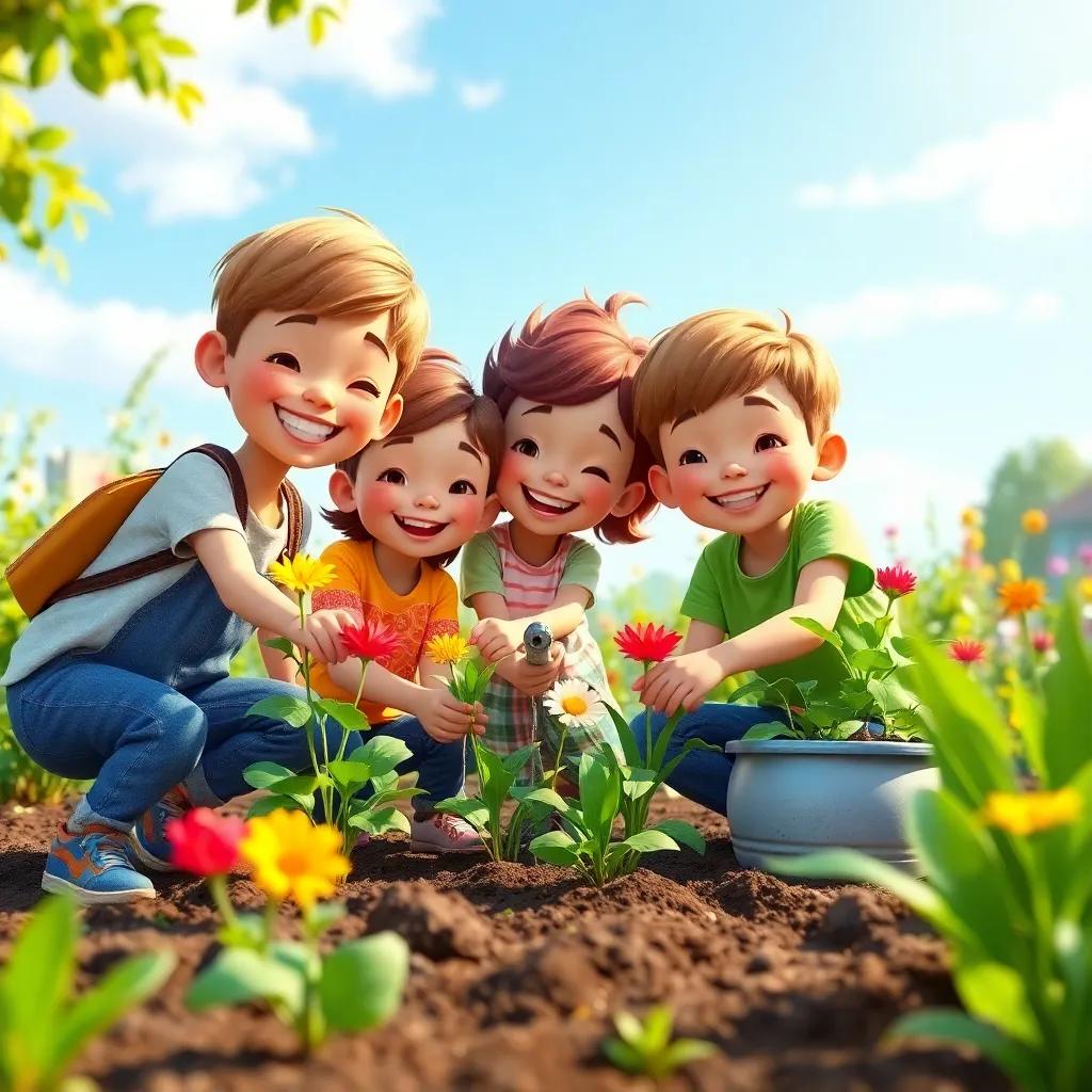 A group of smiling children working together, planting flowers in a garden, showing togetherness and friendship, colorful and cheerful, bright sunlight, joyful scene, high quality