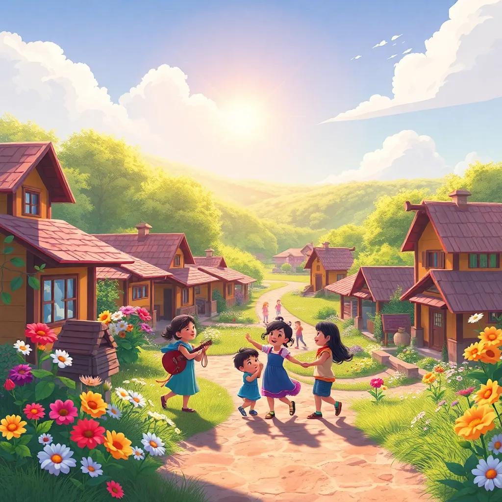 A beautiful illustration of a village in bloom, with children playing and sharing together, sun shining brightly, vibrant colors all around, sense of community and brotherhood, high quality