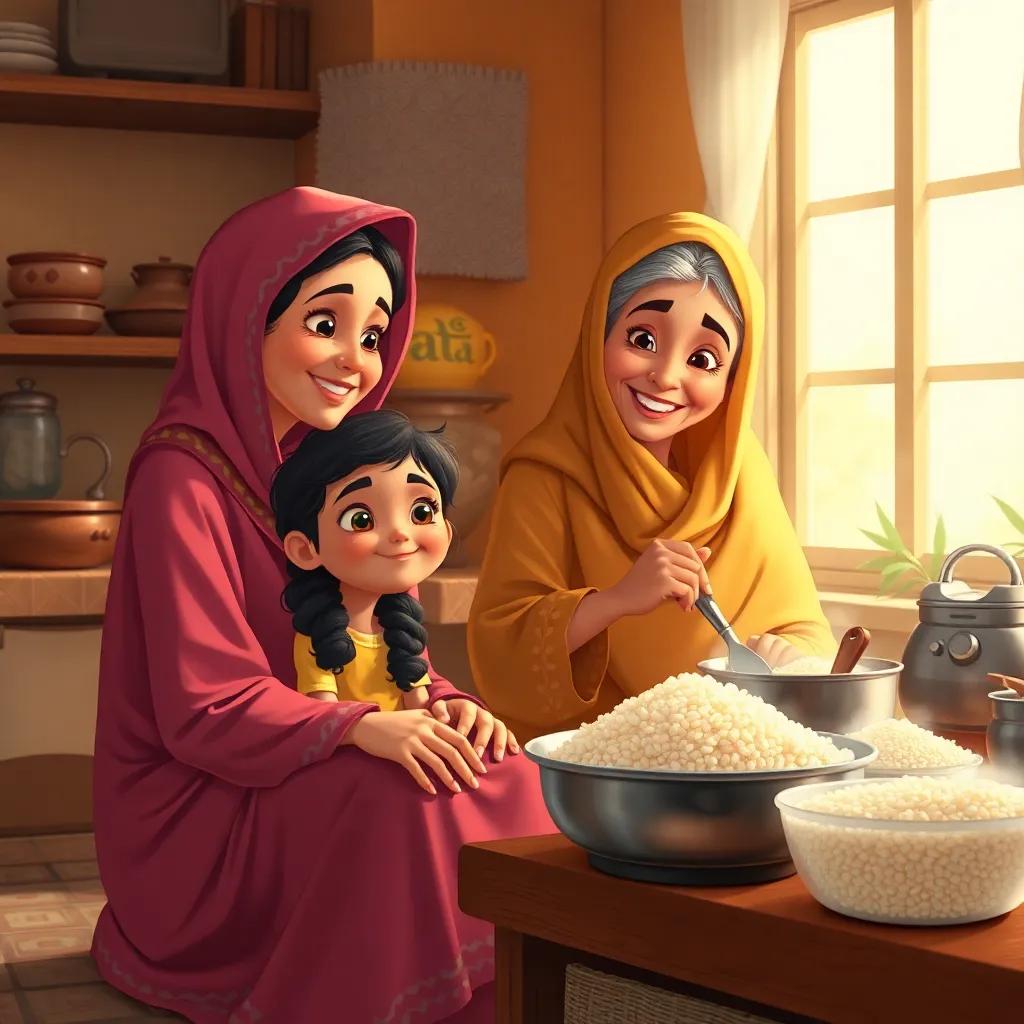 A sunny kitchen with a young Arab girl sitting and watching her grandmother cook. The grandmother is smiling and preparing rice, detailed digital art, warm colors, inviting atmosphere, high quality