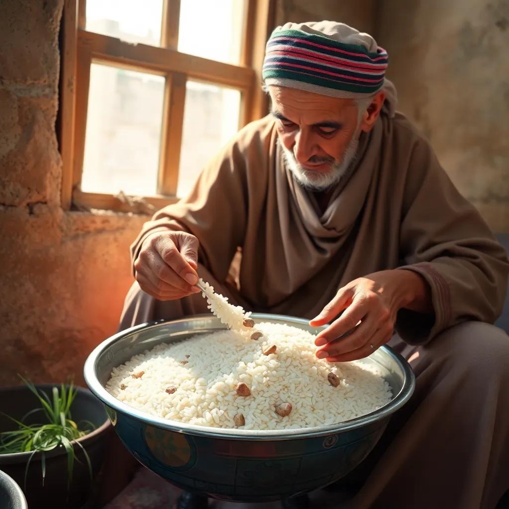 An elderly Arab woman expertly cleaning rice in a metallic bowl, weeds and stones being picked out with skill, bright sunlight coming through the window, digital painting, vibrant colors, homely