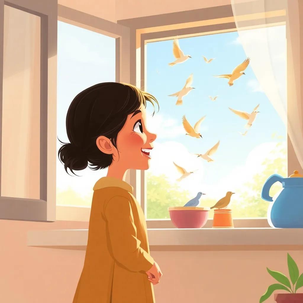 A young Arab girl watching birds fly outside the kitchen window, laughing as she questions her grandmother, feeling connected to nature, illustration, cheerful, natural light
