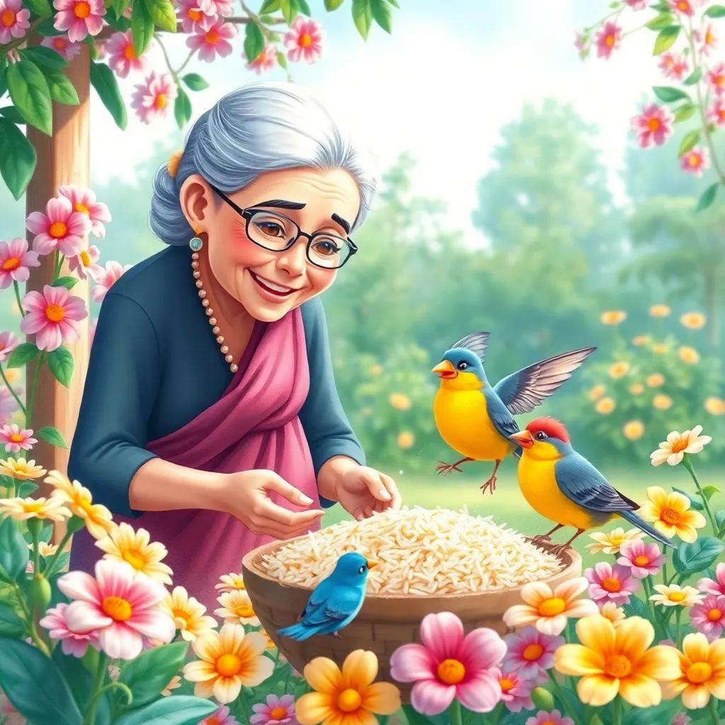 Grandmother scattering rice leftovers in the garden, friendly birds returning to eat, beautiful flowers surrounding, watercolor style, bright and colorful, joyful scene