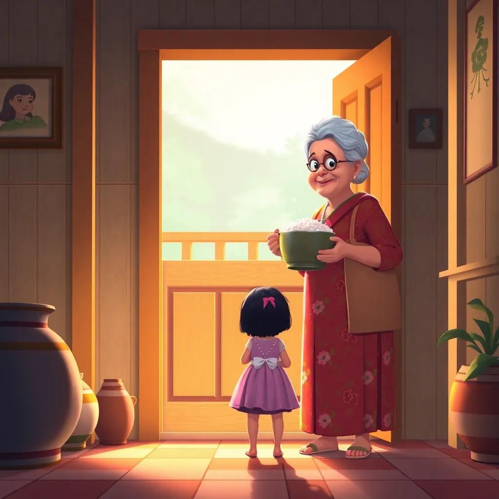 Grandmother entering the kitchen, holding a pot of cleaned rice, the girl eagerly waiting on the doorstep, anticipation in the air, digital art, warm light, friendly vibes
