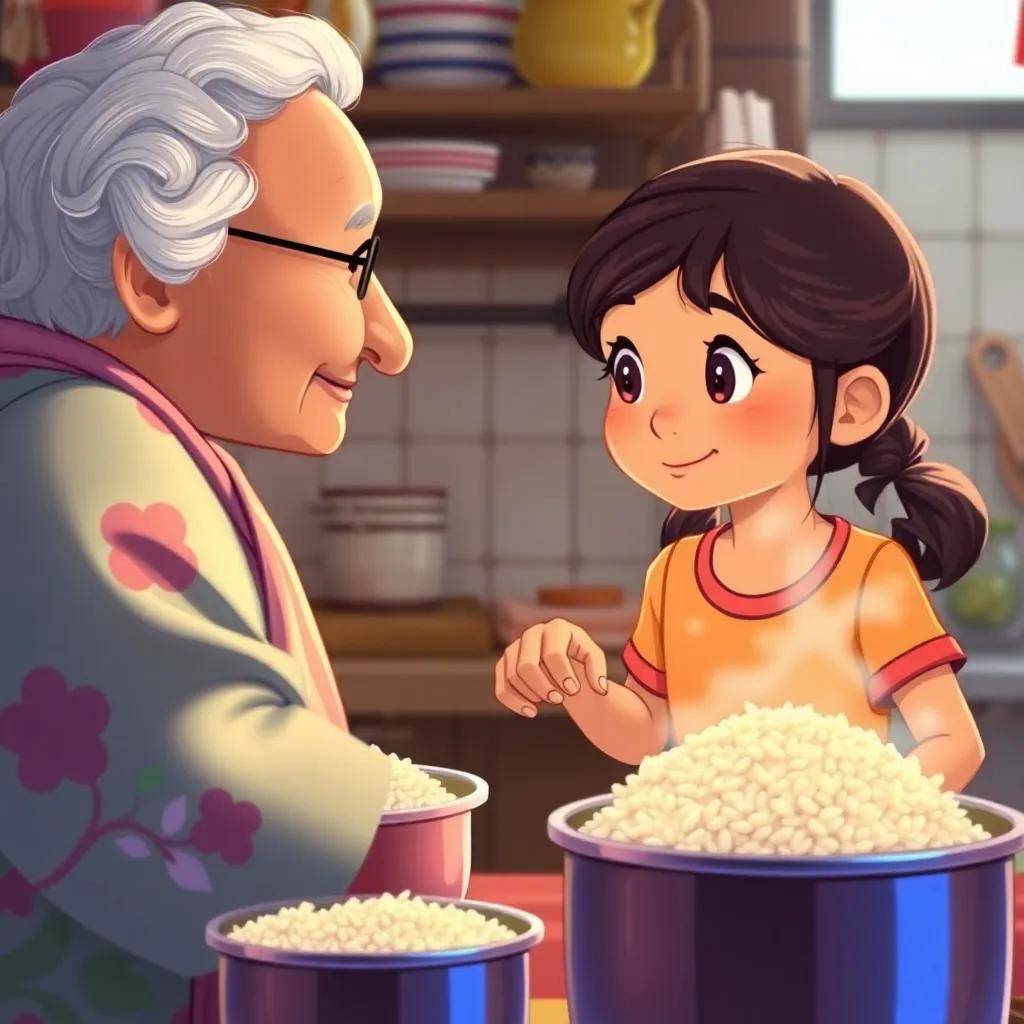 A scene of the girl looking at her grandmother as she fills up pots with rice, expectant eyes filled with love, vibrant kitchen atmosphere, illustration, cheerful and colorful