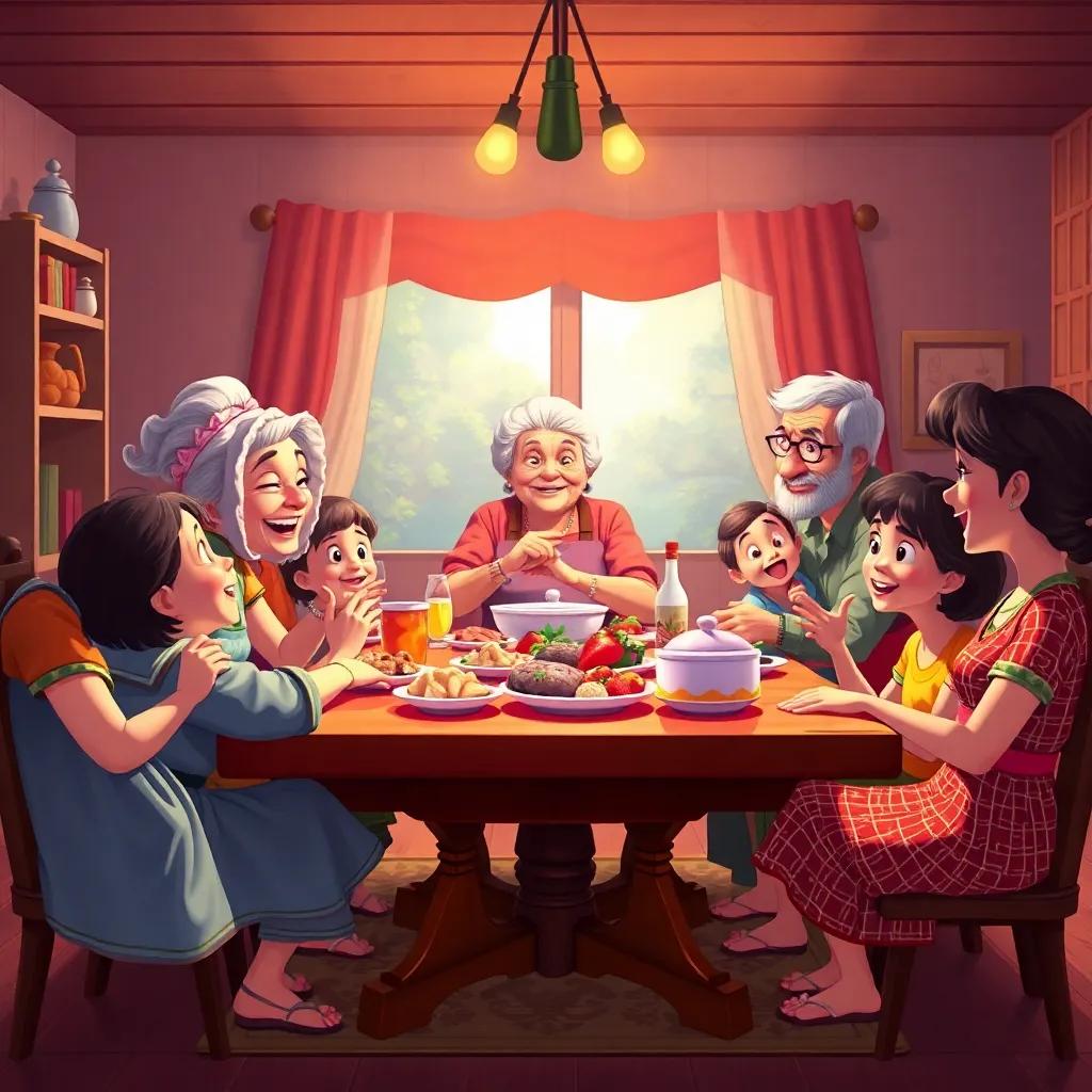 The family gathered around the table eagerly as the grandmother announces lunch is ready, excitement and happiness filling the air, digital art, bright colors, cozy atmosphere