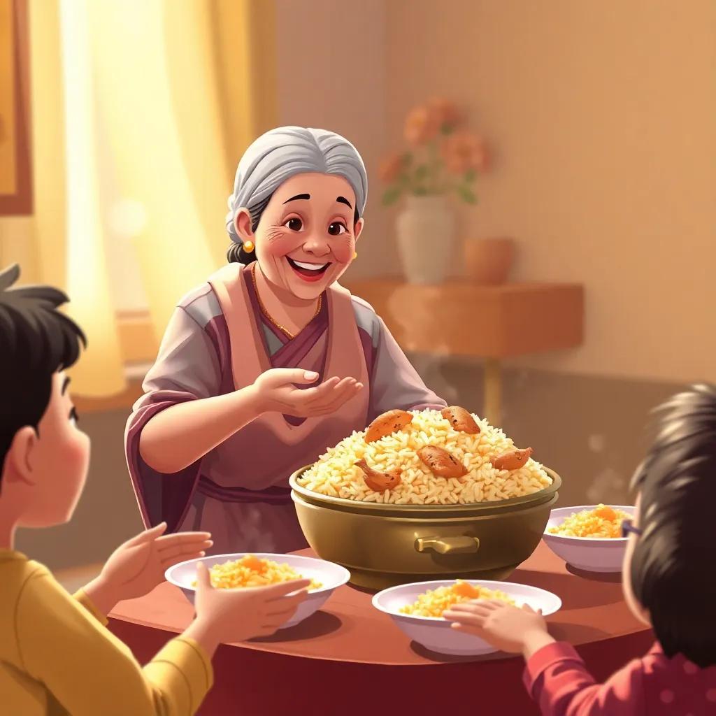Grandmother serving rice filled with saffron and chicken, delicious aroma rising, family members happily reaching for their plates, digital illustration, warm and inviting