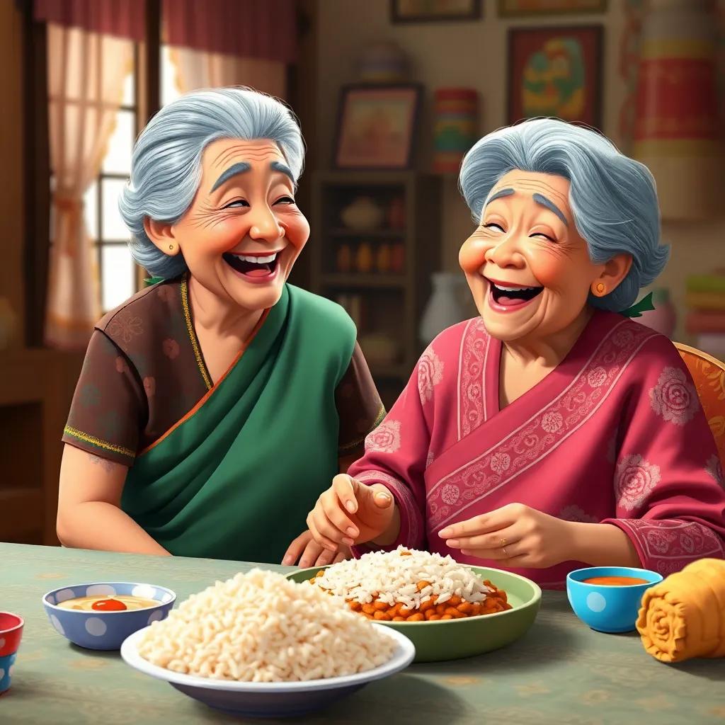 Grandmother laughing with joy, completing their meal with stories to share, delicious rice on the table, colorful and warm setting, digital art, happy and comforting