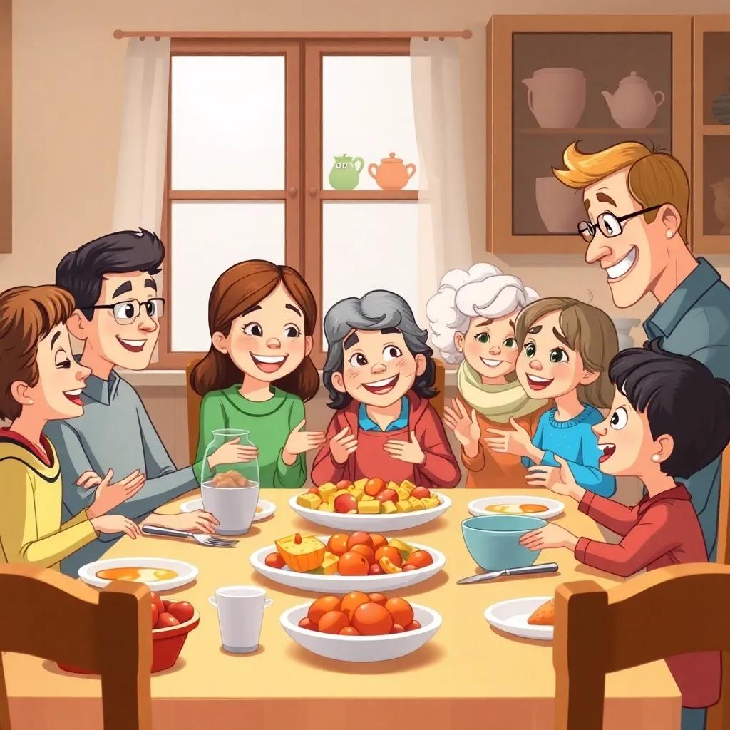 The family thanking grandmother after the meal, smiles and love around the table, heartwarming atmosphere, illustration, cozy, colorful kitchen scene