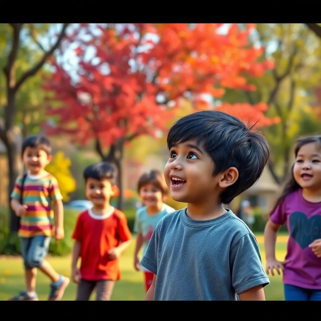 A group of children playing in a small park during daytime, one child, Ahmed, with dark hair and wearing a t-shirt, excitedly talking about a monster, colorful trees in the background, bright and cheerful atmosphere, digital art, detailed and vibrant colors