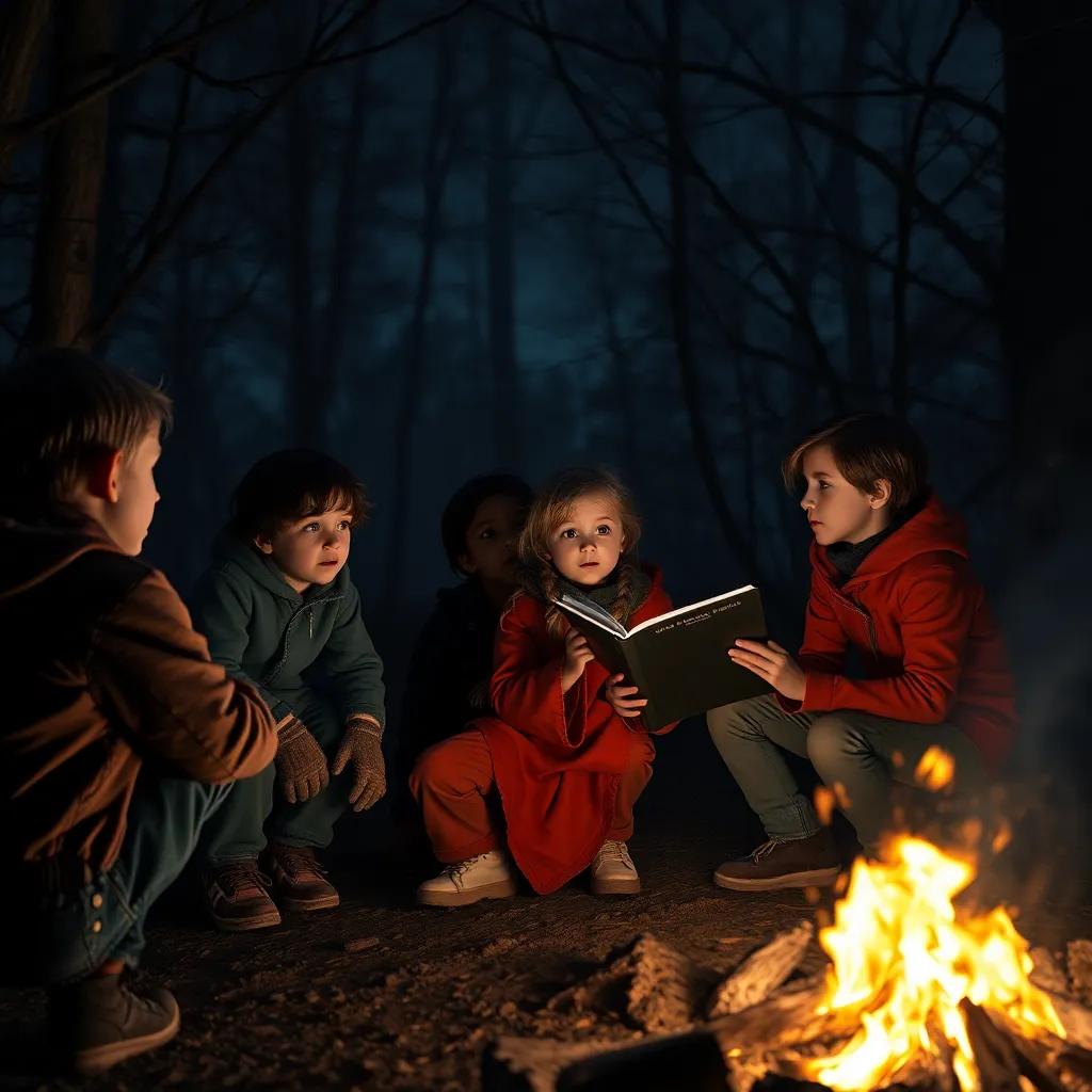 A dark and spooky night scene with children sitting around a campfire, one child, Sarah, with braided hair and wearing a cozy jacket, telling a scary story, eerie shadows and trees around, mood of suspense, digital art, warm colors contrasting with the dark background
