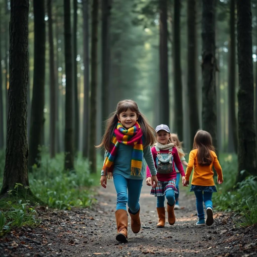 A forest path where children are walking together, one child, Sara, with long hair wearing a colorful scarf, bravely leading the group, surrounded by tall dark trees, sense of adventure, bright colors, cheerful vibe