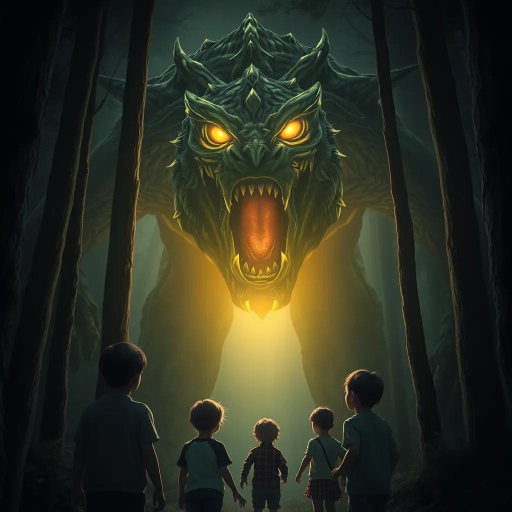 A massive and spooky creature emerging from the trees, the creature with sharp teeth and glowing eyes, towering over the surprised children, dark forest background, digital painting, fantastical art, bright highlights on the monster