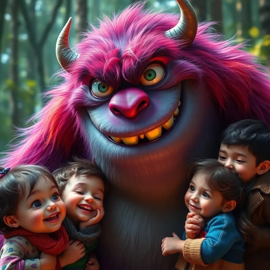 A close-up of the monster smiling gently, with children around it, showing friendship and joy, vivid colors, cheerful emotions, warmth in the forest scenery, digital art, heartwarming atmosphere