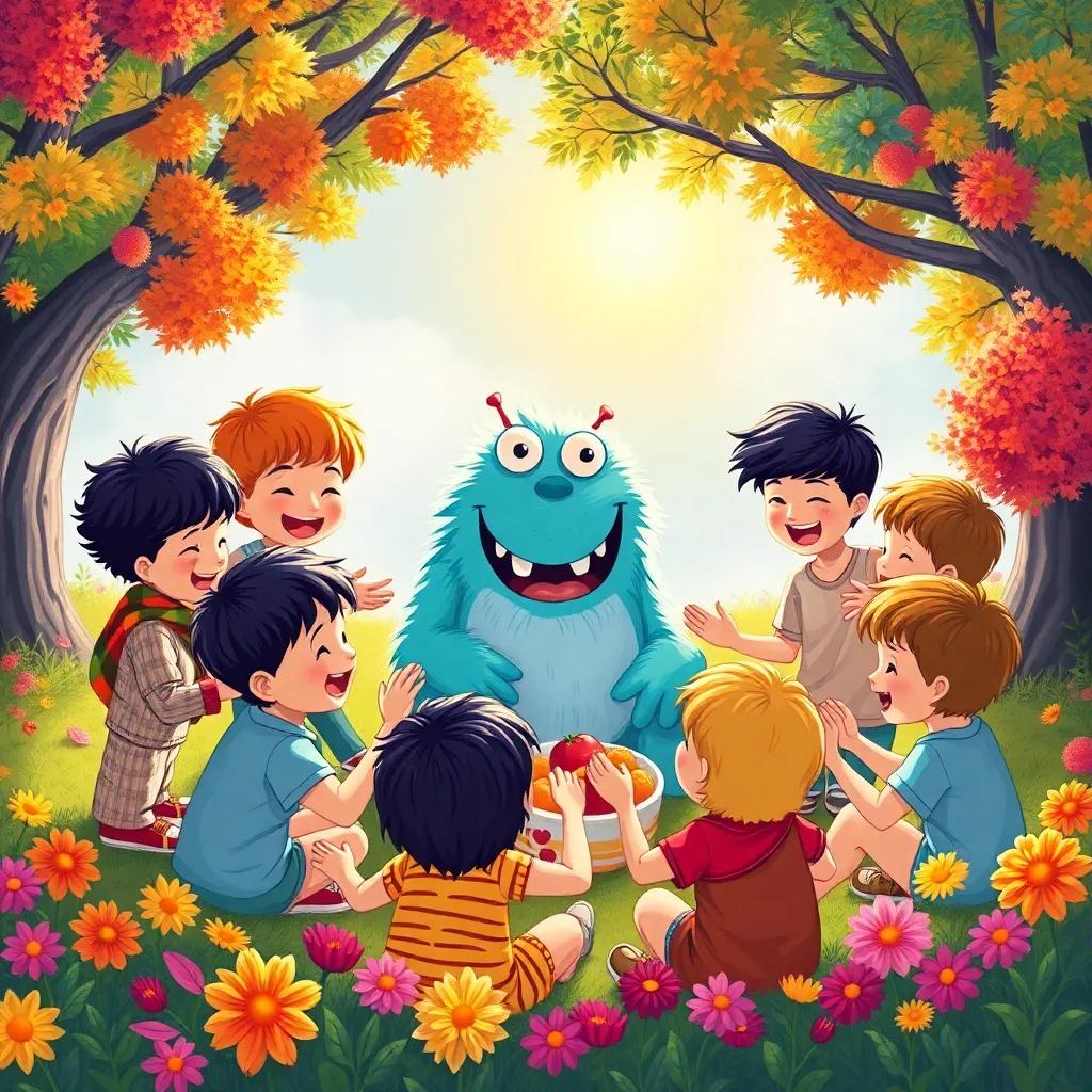 Children in a joyful circle with the monster, playing, sharing food, colorful trees and flowers around them, bright sunshine, illustration, fun and happiness, vibrant tone