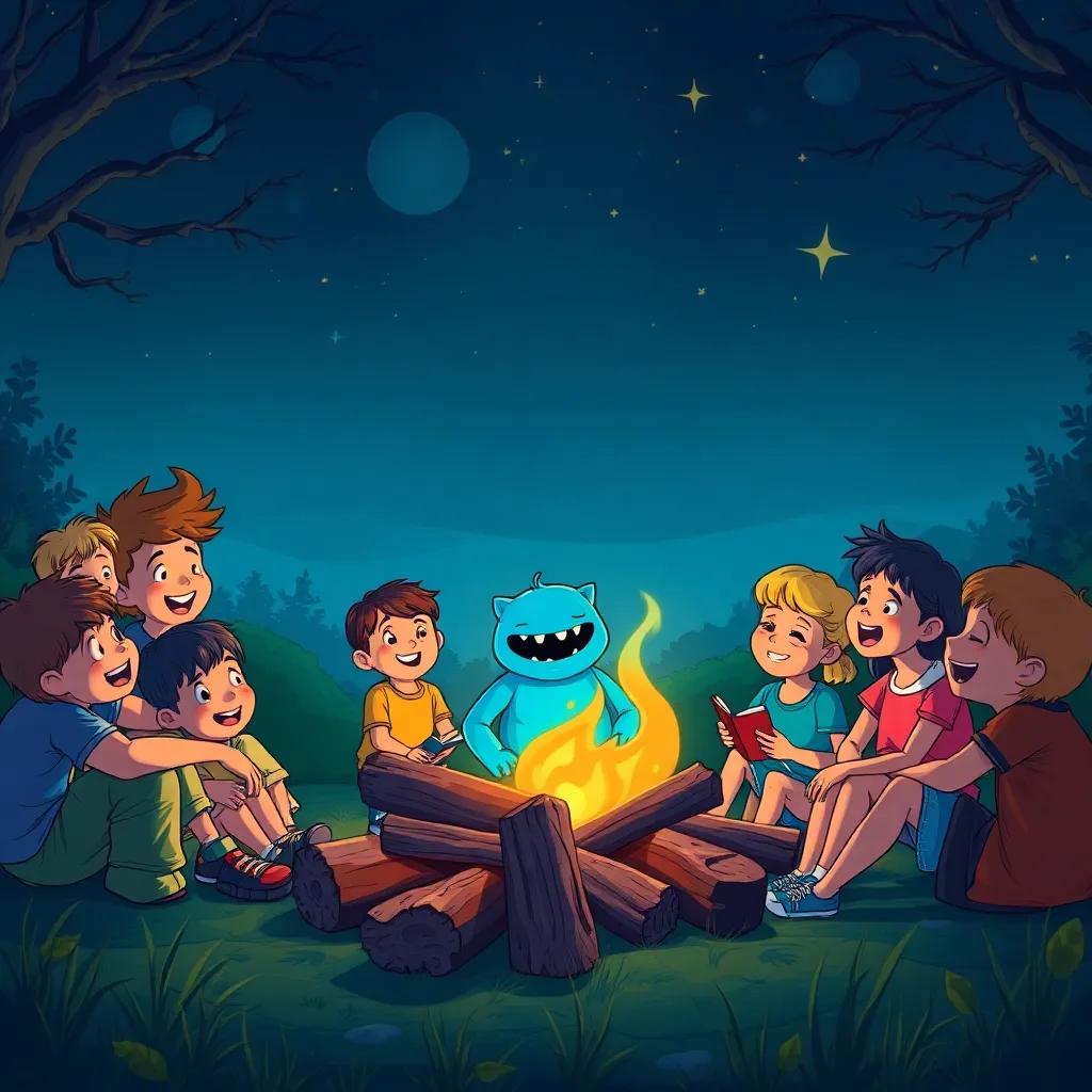 A night scene of children around a campfire, telling stories about the monster, everyone smiling and laughing, dreamy night sky with stars, the creature sitting with them peacefully, cartoon-style, joyful and friendly characters