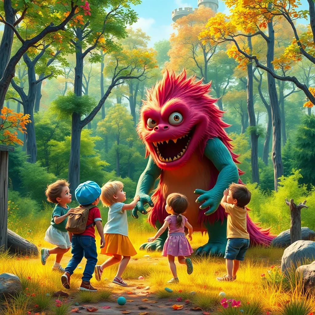 A vibrant scene of children playing with the monster in a clearing, bright colors, lively atmosphere, showing joyful interactions and friendship, delightful forest background, cheerful artistic style