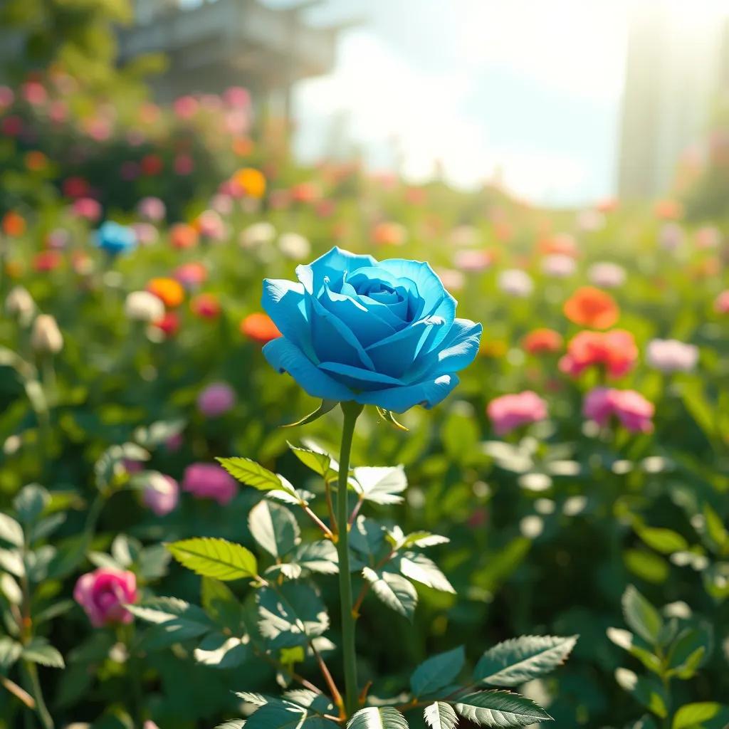 A beautiful blue rose growing in a large garden, vibrant colors, soft sunlight, surrounded by greenery, digital art, cheerful atmosphere, high quality