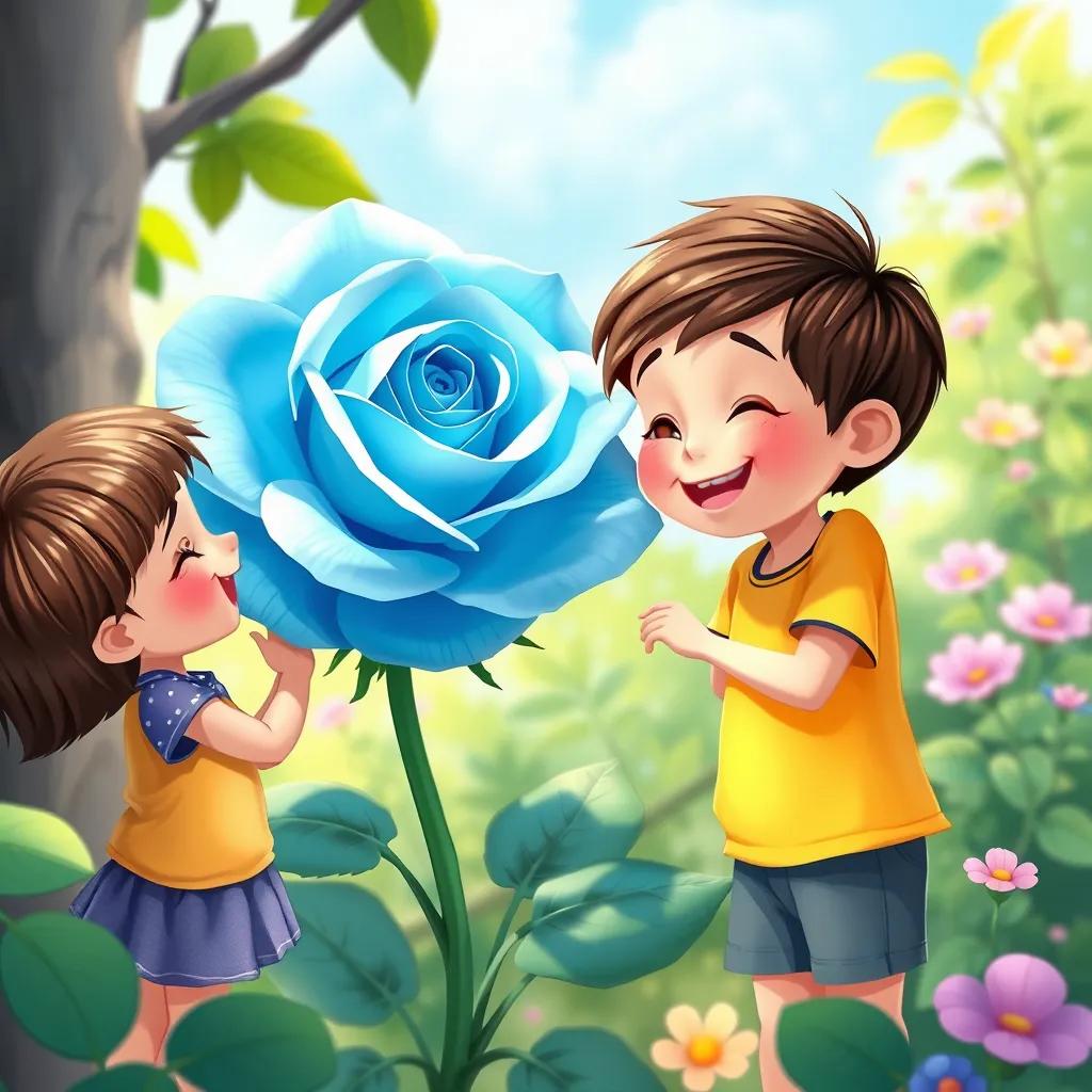 Children playing near the beautiful blue rose, admiring its beauty, wearing colorful clothes, smiling, sunny day in the garden, illustration, joyful scene, high quality