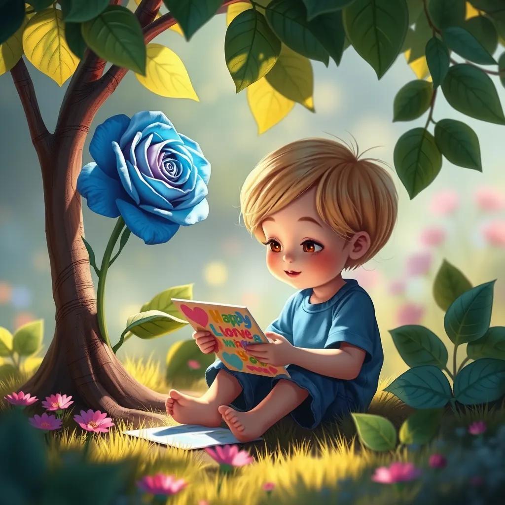 A child creating a colorful card for the blue rose, sitting under its shade, with bright colors and artistic feelings, digital painting, warm and inviting, high quality