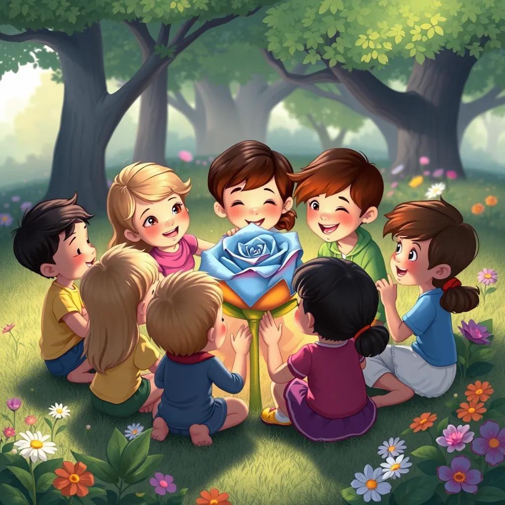 A gathering of children around the blue rose, sharing stories and laughter, with trees and flowers in the background, heartwarming scene, illustration, colorful, high quality