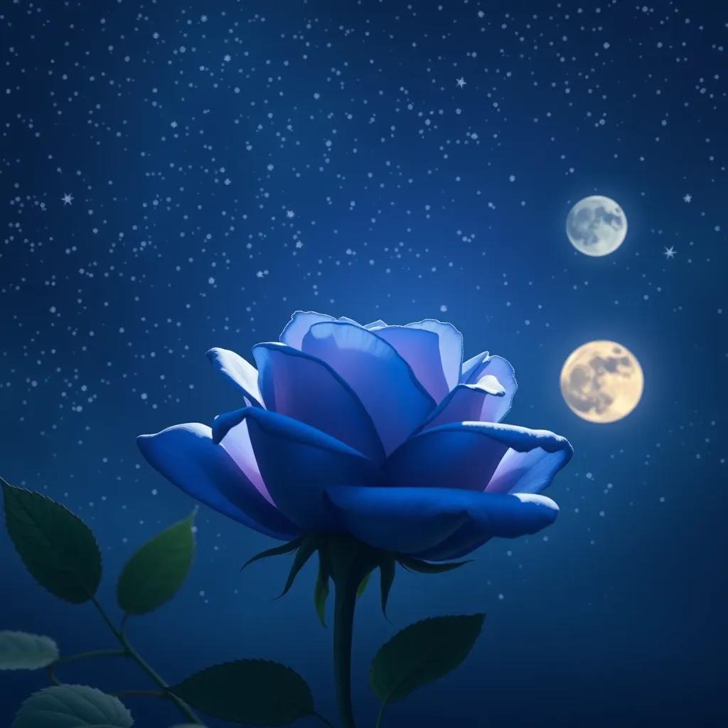 The blue rose looking up at the stars in the night sky, with twinkling stars and a glowing moon, feeling grateful and peaceful, digital art, serene and magical, high quality