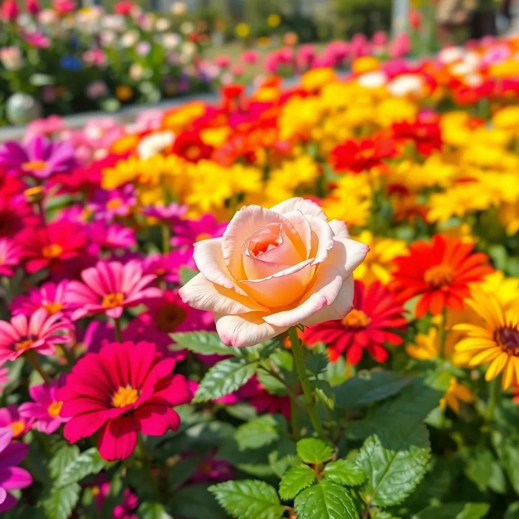 A beautiful garden filled with colorful flowers, featuring a lovely rose named وردة, set amidst vibrant green leaves, digital art, bright colors, cheerful atmosphere, inviting scene